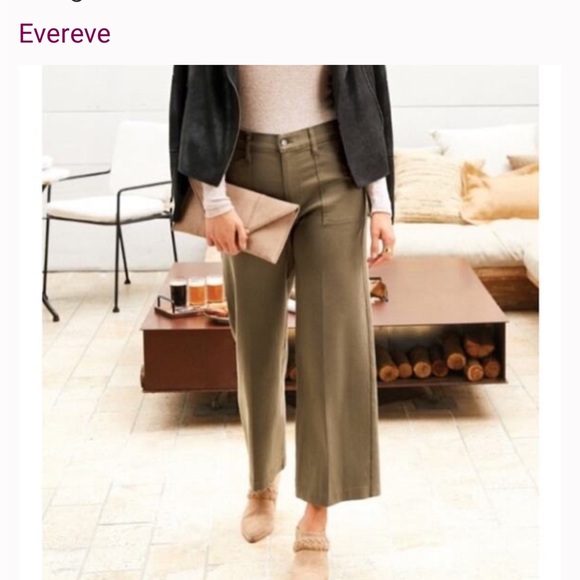 🪅Evereve stretch wide leg olive cropped pant 32 Chic Wide-Leg Khaki Trousers 14 - Picture 3 of 10